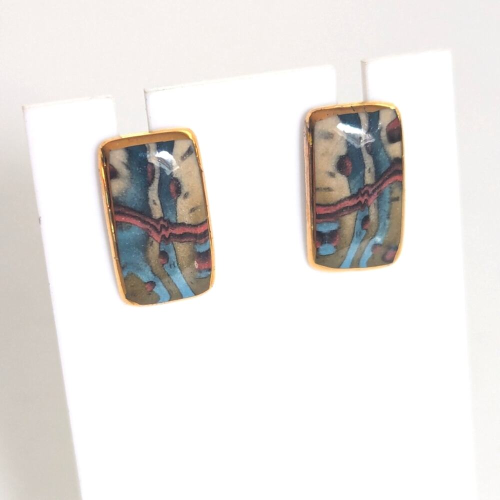 Vintage Art To Wear Gold Tone Abstract Resin Art Rectangular Post Stud Earrings
